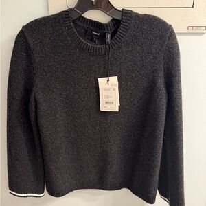 Theory Women's Charcoal Crew Neck Sweater with white trim and silver buttons